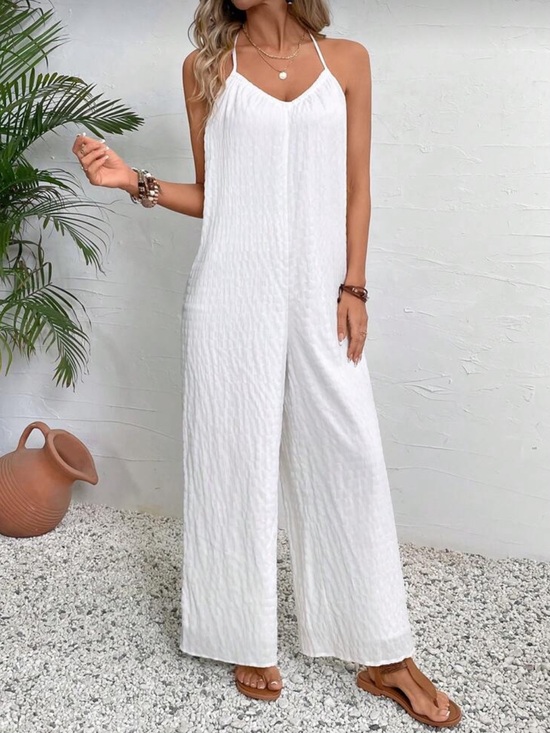 SHEIN Pants - White Textured halter Wide-Leg Jumpsuit